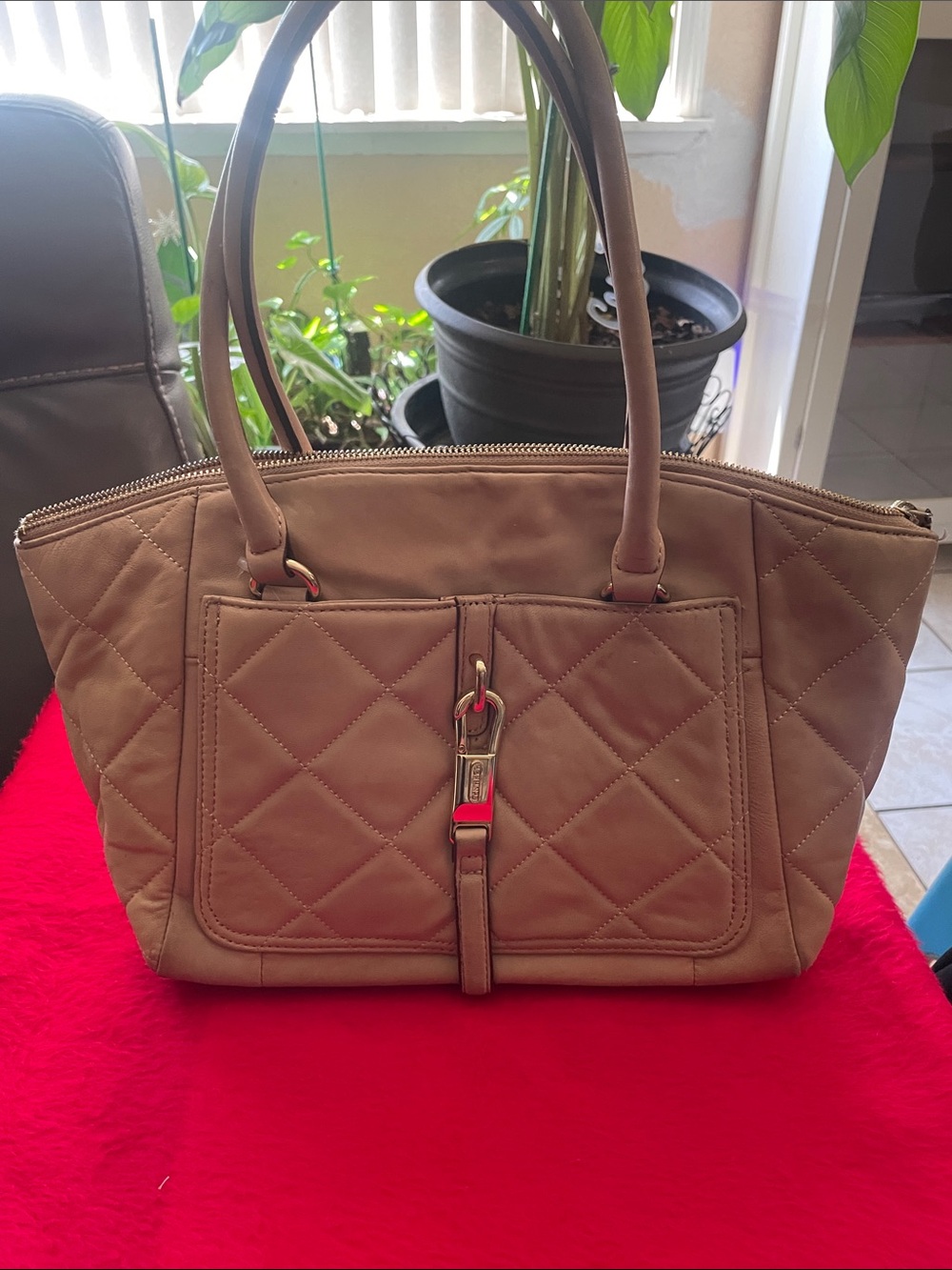 Calvin Klein Quilted Taupe Shoulder Bag with Gold Hardware